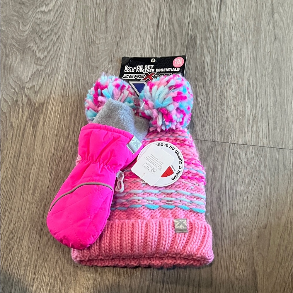 ZeroXposur Pink and Gray Kids Hat and Mittens Set